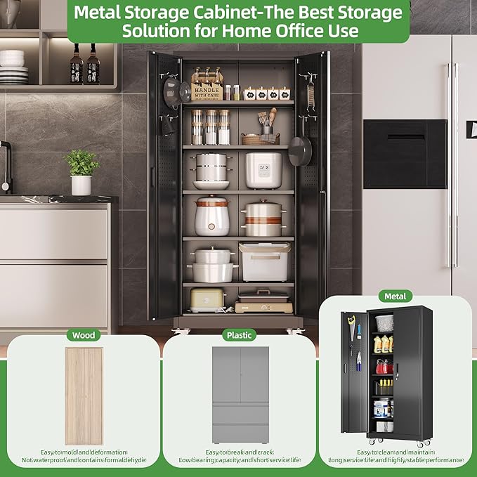 Metal Storage Cabinet with Wheels and Pegboard, Assembly Required - Image 7