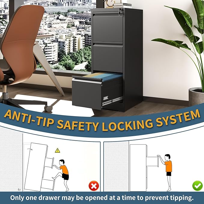 3 Drawer File Cabinet with Lock, Vertical Filing Cabinets - Image 5