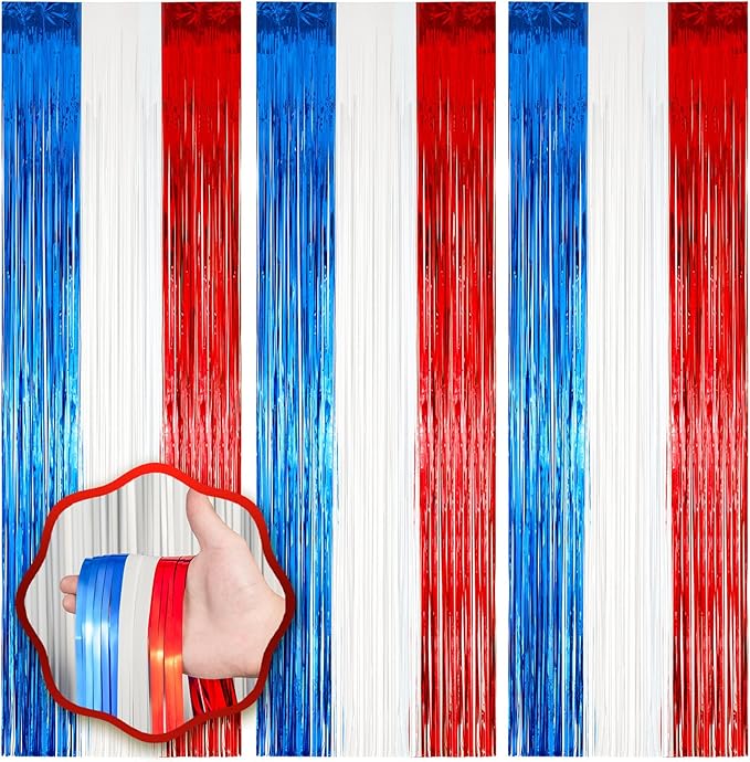 3 Pack 3.3 x 8.2 ft Red White and Blue Foil Fringe Backdrop Curtains, Tinsel by Voircoloria