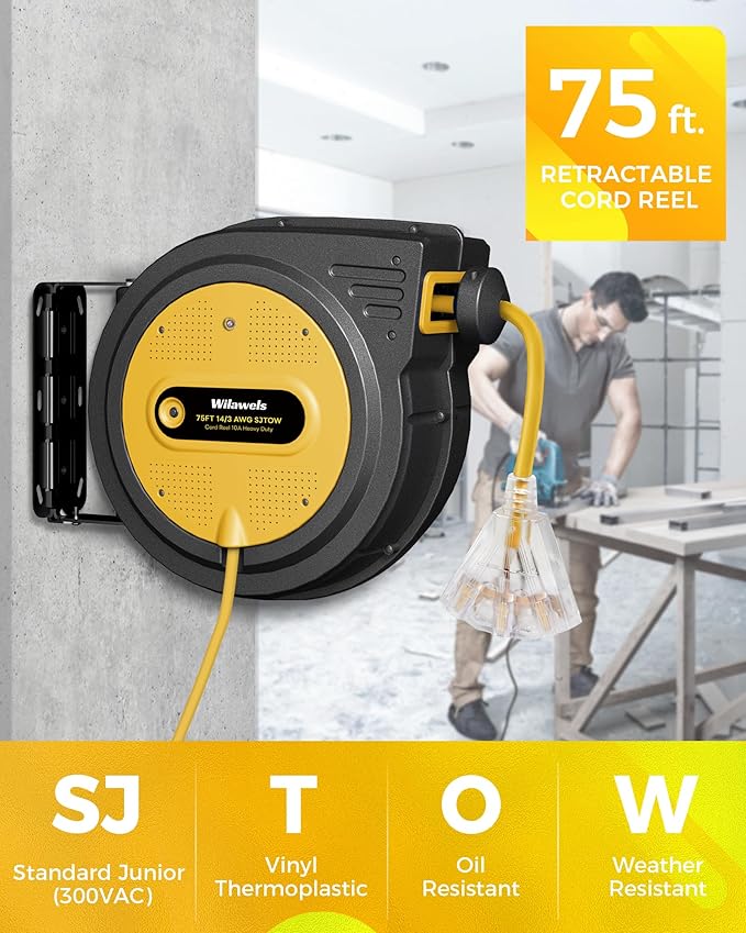 75 FT Retractable Extension Cord Reel, Heavy Duty Power Cord, 14AWG/3C SJTOW - Image 2