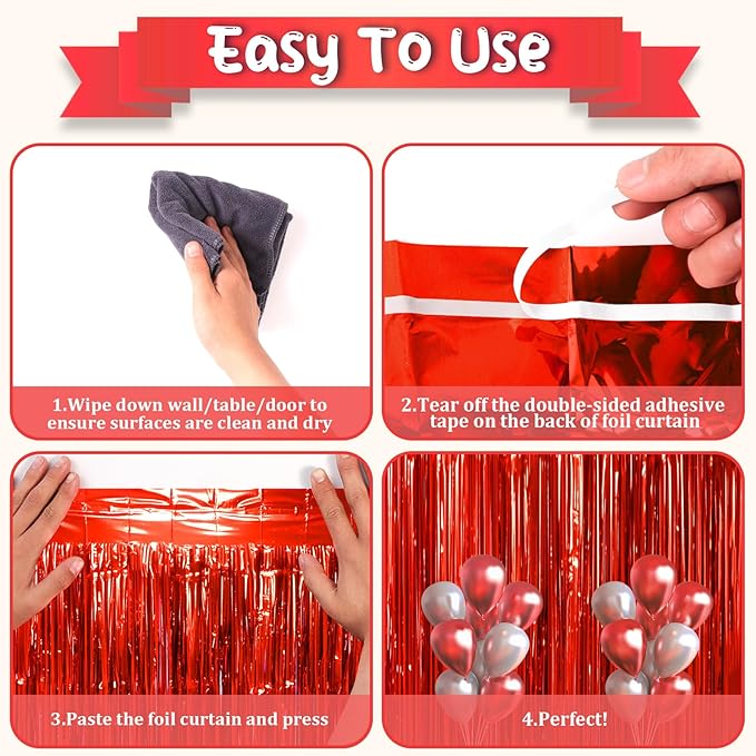 3 Pack 3.3x8.2 Feet Red Foil Fringe Backdrop Curtains, Tinsel Streamers - Image 4