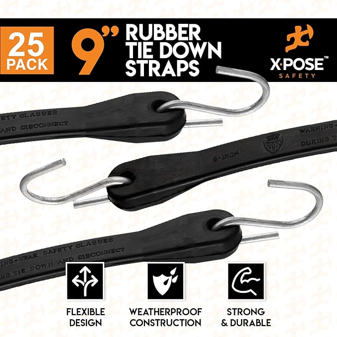 Rubber Bungee Cords with Hooks 25 Pack 9 Inch Heavy-Duty Black Tie Down Straps - Image 3