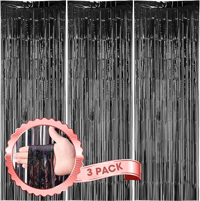 3 Pack 3.3 x 8.2 ft Laser Black Foil Fringe Backdrop Curtains, Tinsel Streamers by Voircoloria
