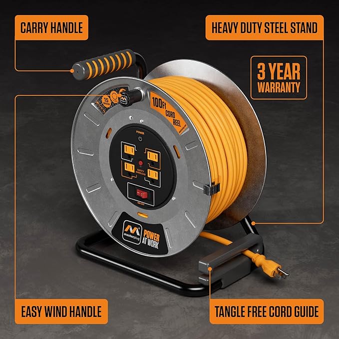 Masterplug 100ft Cord Reel, Metal Cable Drum, Retractable Extension Lead - Image 3