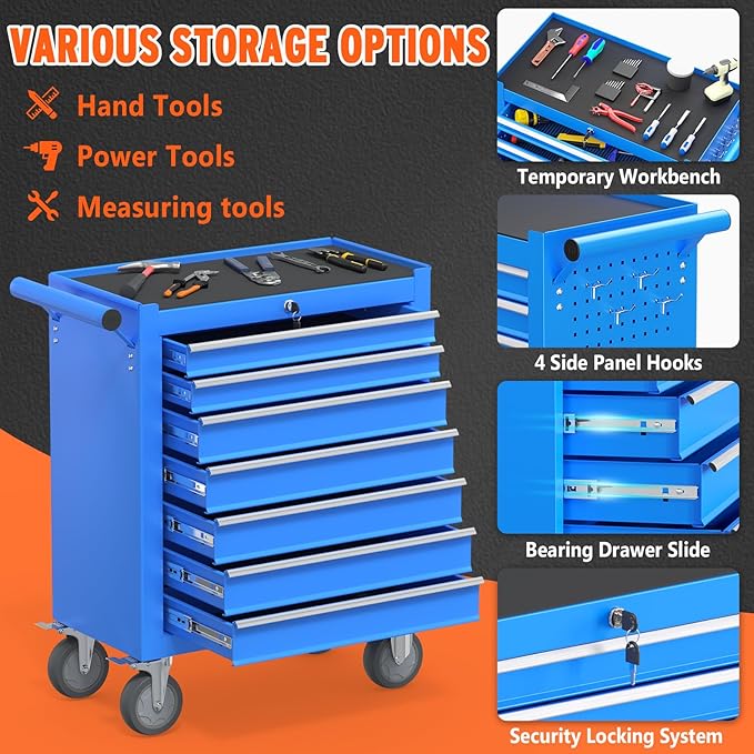 7 Drawers Large Capacity Rolling Tool Chest, Metal Tool Box - Image 5