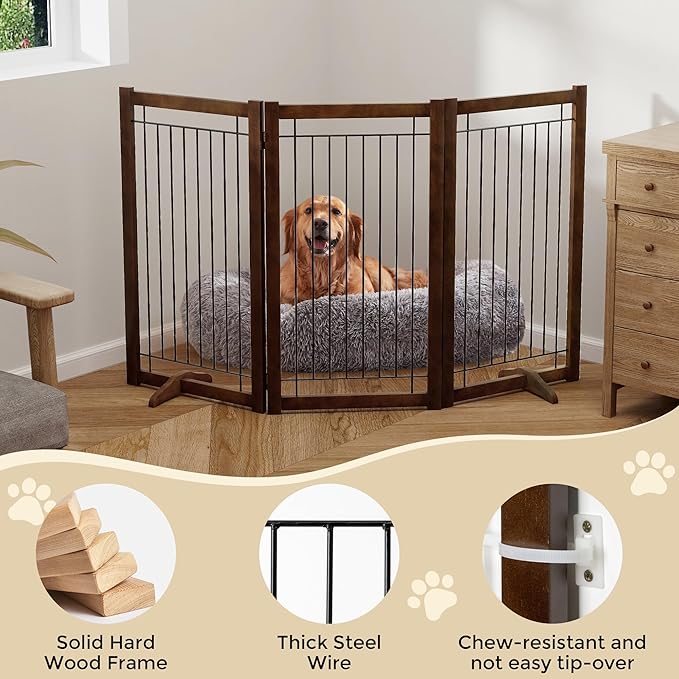 Wire Dog Gate Solid Wood Frame, Anti-Chewing, Indoor Freestanding Pet Gate - Image 4