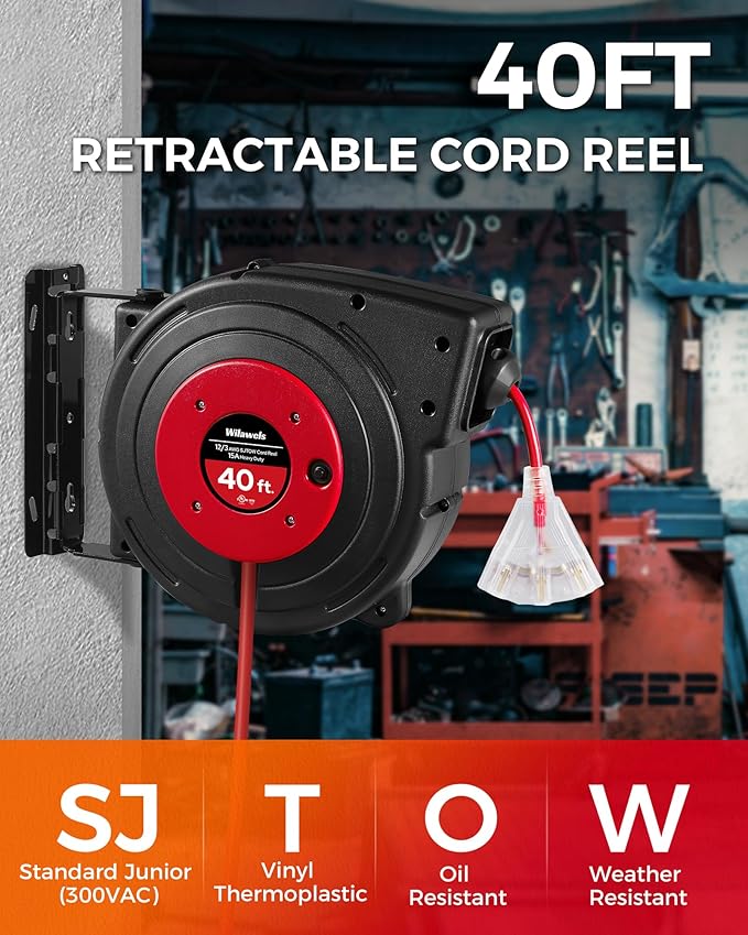 Retractable Extension Cord Reel, 40 FT Heavy Duty Power Cord, 12AWG/3C SJTOW - Image 2