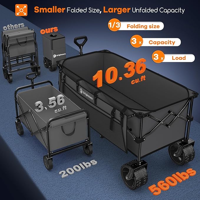 48" L Collapsible Wagon Cart Foldable, 560lbs Weight Capacity 300L Heavy Duty - Image 3