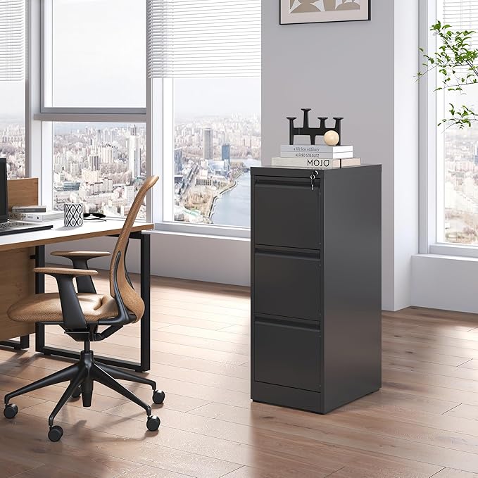 3 Drawer File Cabinet with Lock, Metal Vertical Filing Cabinets - Image 2