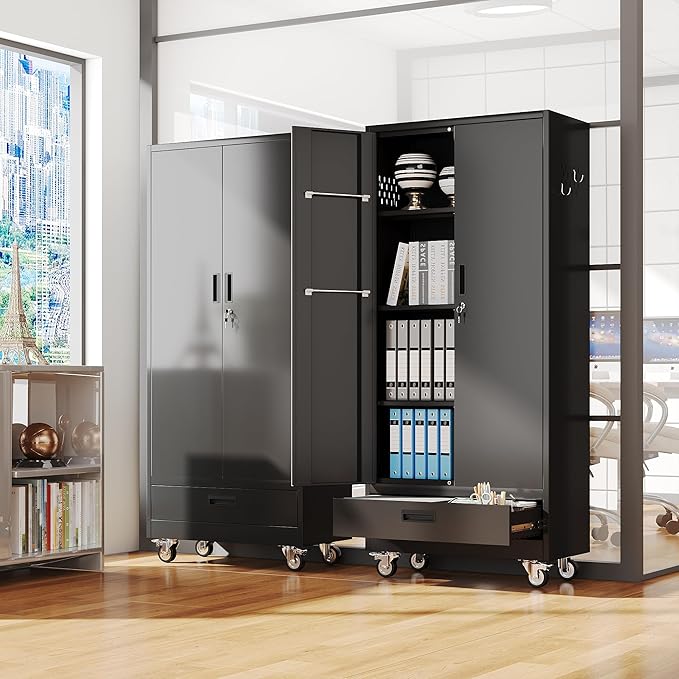 Aobabo Metal Broom Closet Storage Cabinets on Wheels, Steel Mop and Broom - Image 6