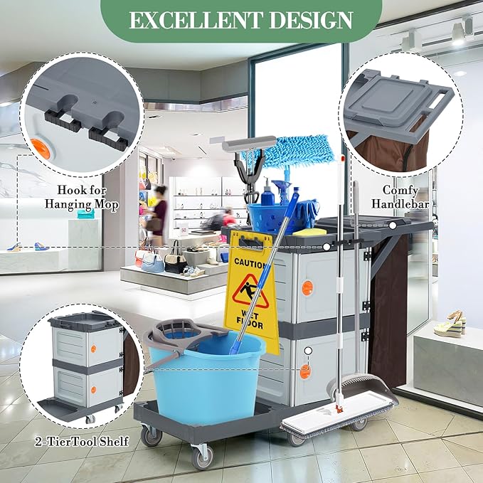 Janitorial Cart with 2 Cabinet, Commercial Cleaning Cart On Wheels with Cover - Image 2