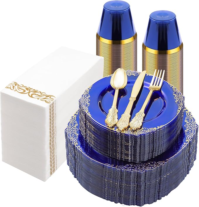 350PCS Clear Blue Plastic Plates by Bestluck