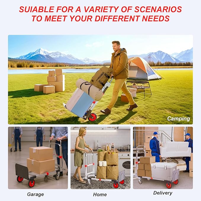 Upgraded 3 in 1 Aluminum Folding Hand Truck, 600lbs Capacity, Heavy Duty - Image 9