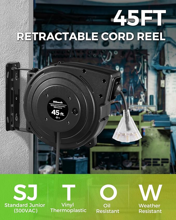 WILAWELS12 Gauge Retractable Extension Cord Reel, 45 FT 12AWG/3C SJTOW Heavy - Image 2