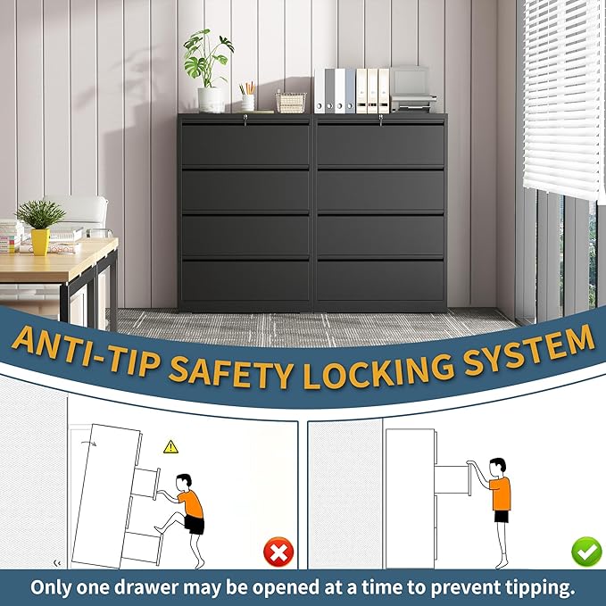 4 Drawer File Cabinet with Lock, Lateral Filing Cabinets, Metal Storage Filing - Image 5