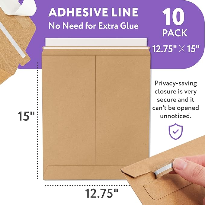 Natural Kraft Rigid Mailers, 12.75 x 15 Inches. Pack of 10 Paperboard - Image 2