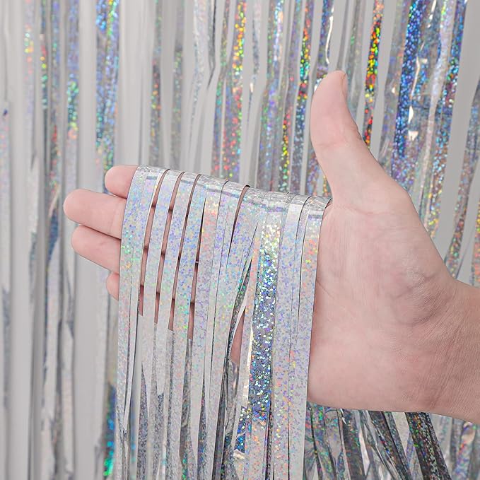 3 Pack 3.3x8.2 Feet Laser Silver Foil Fringe Backdrop Curtains, Tinsel - Image 2