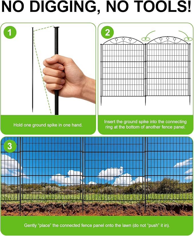 10 Panels Black Metal No Dig Garden Fence, 33in H x 24ft L Temporary Animal - Image 3