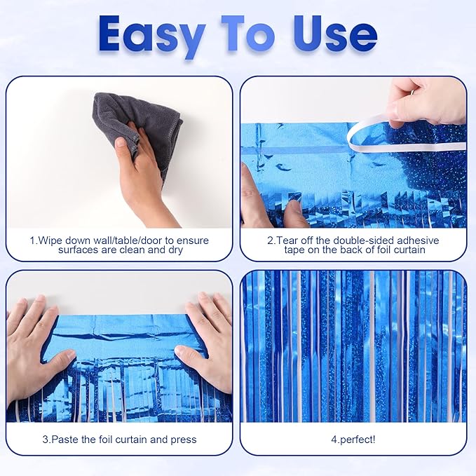 3 Pack 3.3 x 8.2 ft Laser Blue Foil Fringe Backdrop Curtains, Tinsel Streamers - Image 5