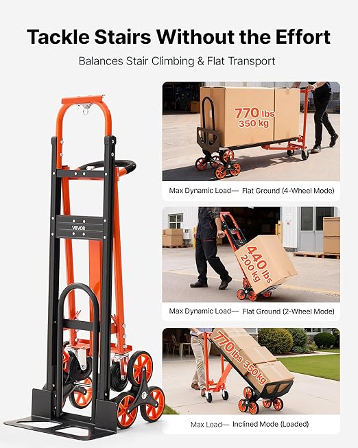 VEVOR 3 in 1 Industrial Convertible Stair Climbing Cart, 770 lbs Max Load - Image 2