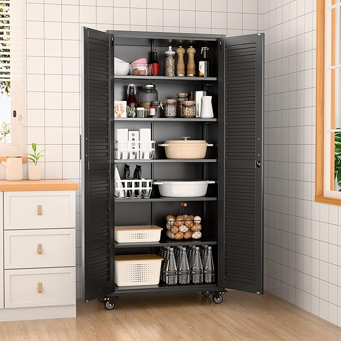 Garage Storage Cabinet with Wheels & Pegboard, Lockable Metal Storage Cabinet - Image 8