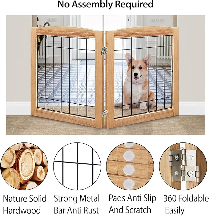 LZRS 2-Panel Freestanding Foldable Wood Dog Gate – Solid Wood & Steel Wire - Image 3