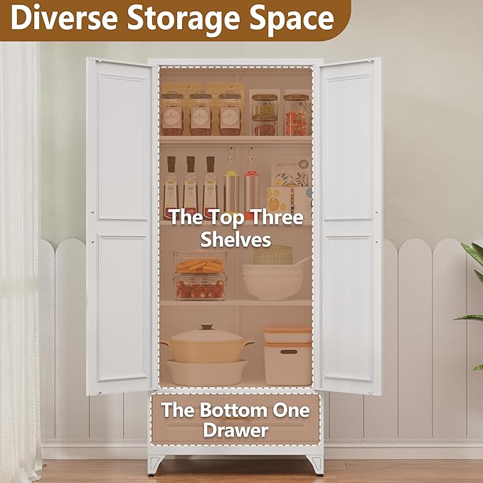 Kitchen Pantry Cabinet with Drawer, Metal Storage Cabinets with Doors and - Image 5