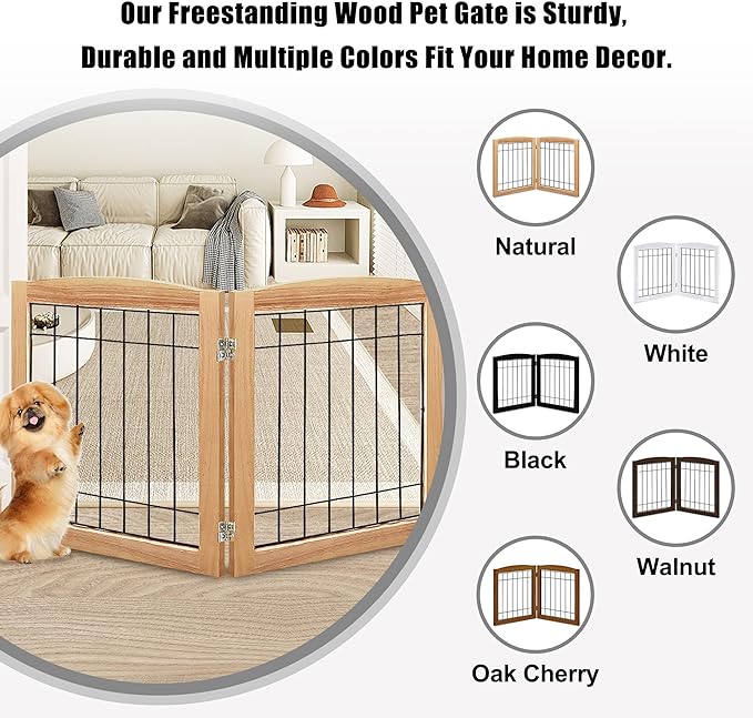 LZRS 2-Panel Freestanding Foldable Wood Dog Gate – Solid Wood & Steel Wire - Image 4