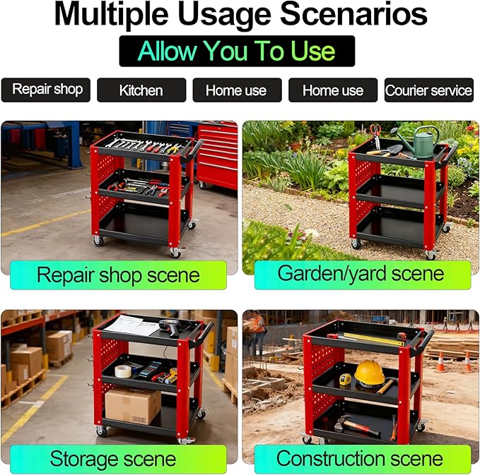 3 Tier Rolling Tool Cart, Mechanic Tool Cart on Wheels, Mechanic Storage - Image 5
