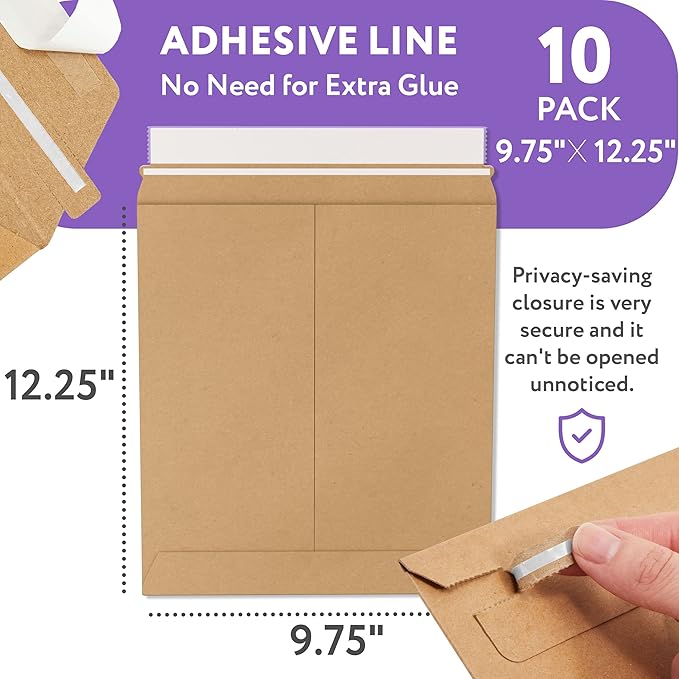 Natural Kraft Rigid Mailers, 9.75 x 12.25 Inches. Pack of 10 Paperboard - Image 2