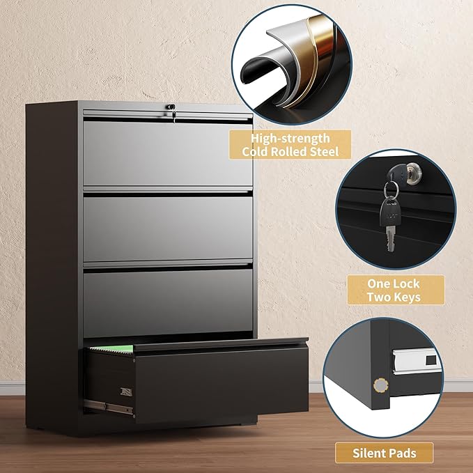 4 Drawer File Cabinet with Lock, Lateral Filing Cabinets, Metal Storage Filing - Image 4