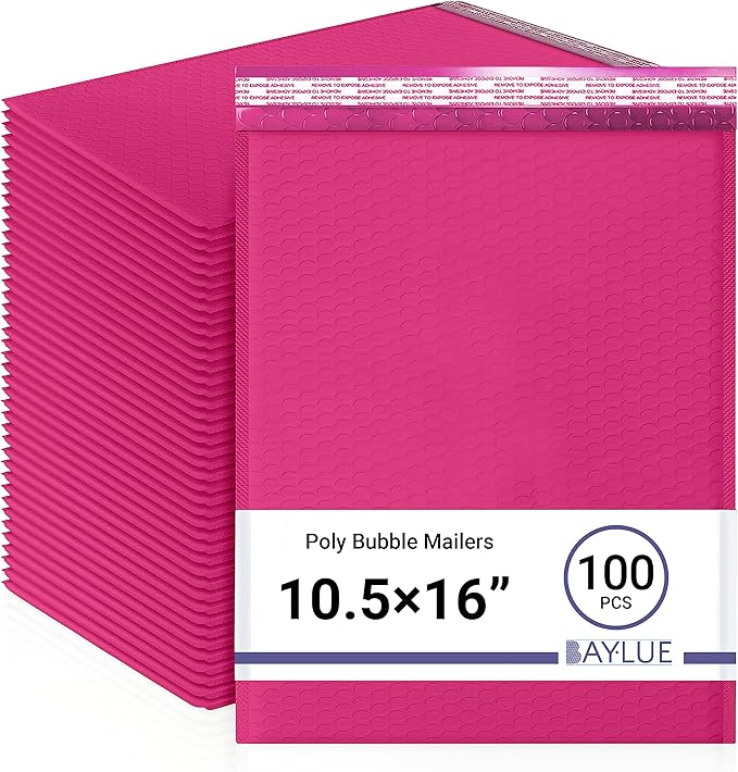Hot Pink 10.5x16 Inch Poly Bubble Mailers #5 | Self Seal Large Padded Envelopes by BAYLUE