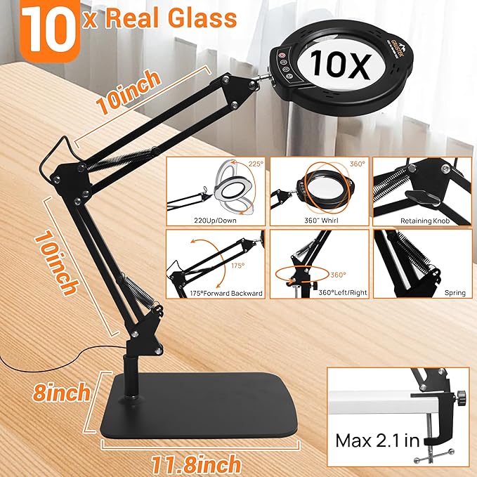 10X Magnifying Glass with Light and Stand, 84 LEDs 2 in 1 Magnifier Lamp with - Image 6