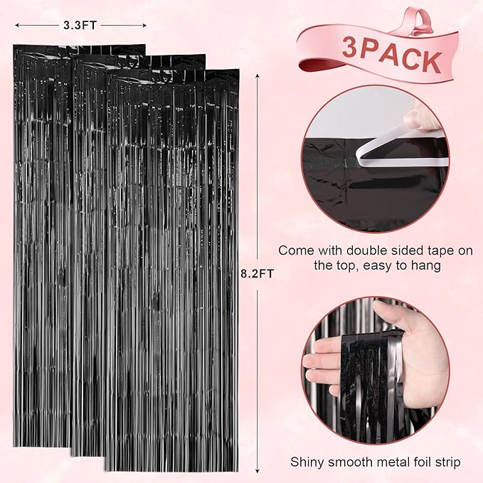3 Pack 3.3 x 8.2 ft Laser Black Foil Fringe Backdrop Curtains, Tinsel Streamers - Image 4