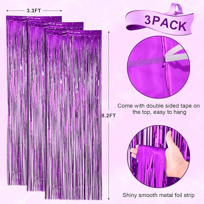 3 Pack 3.3x8.2 Feet Purple Foil Fringe Backdrop Curtains, Tinsel Streamers - Image 3