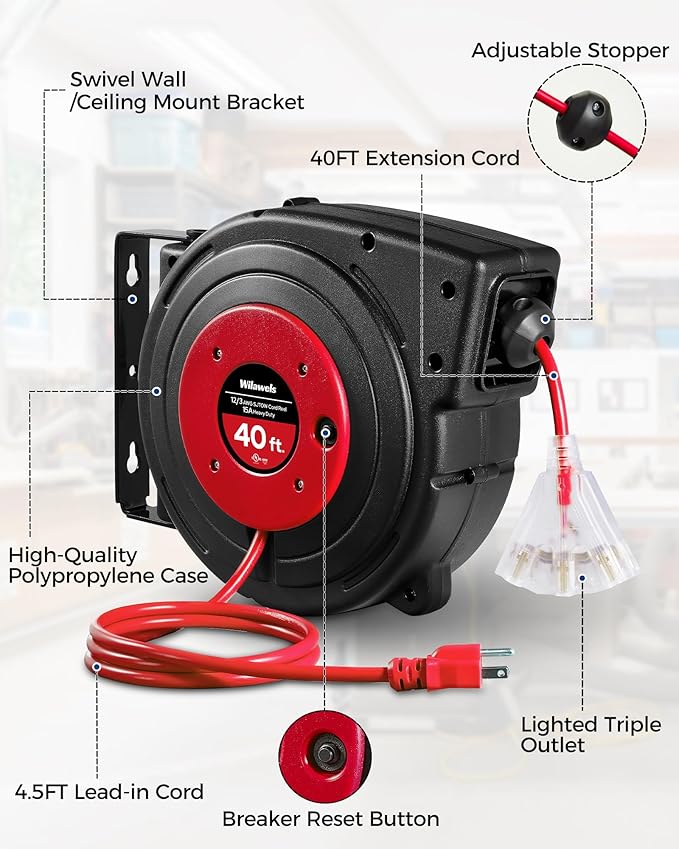 Retractable Extension Cord Reel, 40 FT Heavy Duty Power Cord, 12AWG/3C SJTOW - Image 9