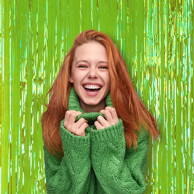 3 Pack 3.3x8.2 Feet Neon Green Foil Fringe Backdrop Curtains, Tinsel Streamers - Image 7