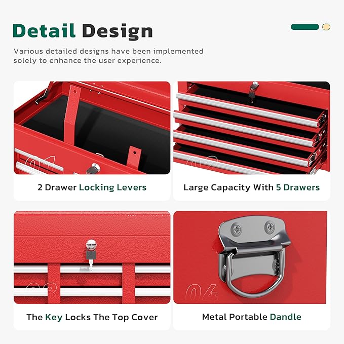 Greenvelly Tool Chest, 5-Drawer Rolling Tool Chest - Image 4