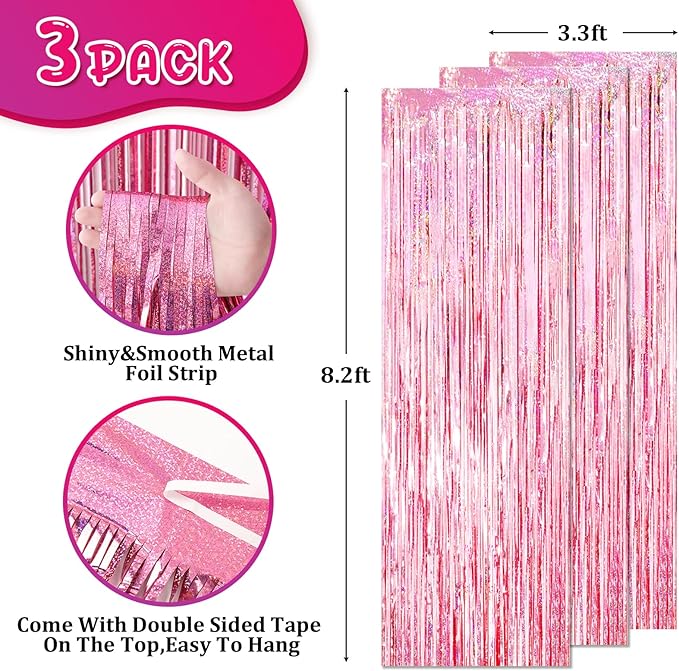 3 Pack 3.3x8.2 Feet Laser Pink Foil Fringe Backdrop Curtains, Tinsel Streamers - Image 3