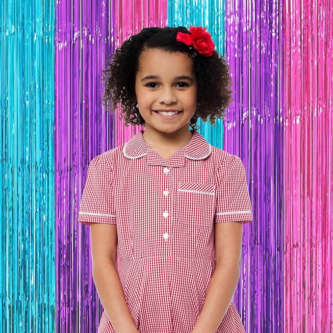 3 Pack 3.3 x 8.2 ft Blue Purple Pink Foil Fringe Backdrop Curtains, Tinsel - Image 6