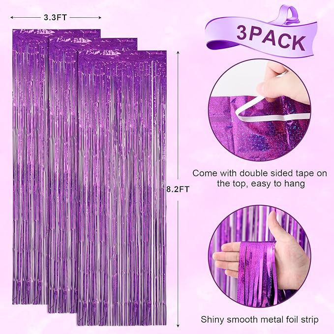 3 Pack 3.3 x 8.2 ft Laser Purple Foil Fringe Backdrop Curtains, Tinsel - Image 4