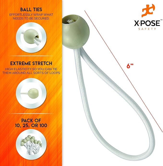 Xpose Safety Bungee Ball Cords 6" 100 Pack Heavy Duty White Stretch Rope - Image 2