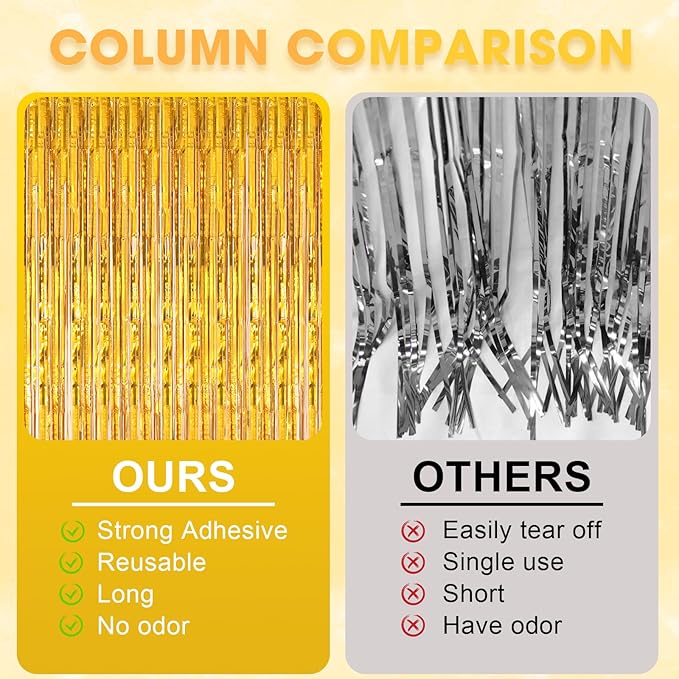 3 Pack 3.3 x 8.2 ft Laser Gold Foil Fringe Backdrop Curtains, Tinsel Streamers - Image 6