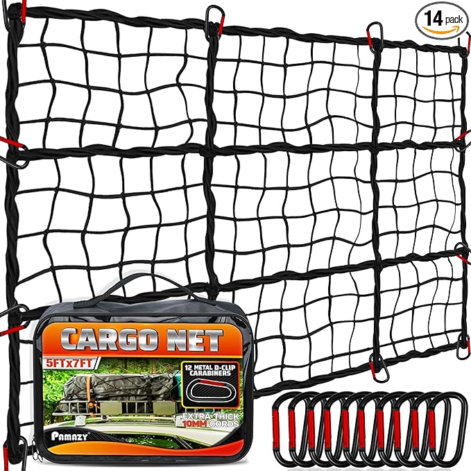 5'x7' Heavy Duty Cargo Net Stretches to 10' x 14', Extra Thick 10mm Cord Bungee by Pamazy