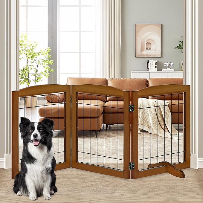 LZRS 3-Panel Freestanding Adjustable Wooden Dog Gate—30" Tall Foldable Pet by LZRSPET