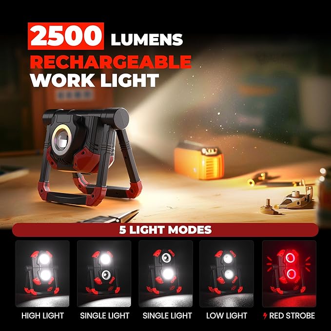 Yzoni LED Work Light Rechargeable, 2 COB 2500LM Folding Portable Flood Light - Image 2