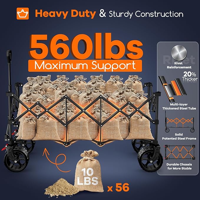 48" L Collapsible Beach Wagon Cart Foldable, 560LB Weight Capacity 300L Heavy - Image 4