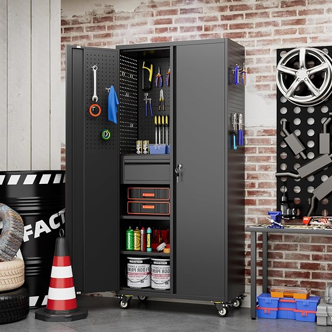 Metal Storage Cabinet with Drawers, Locking Garage Tool Cabinets on Wheels with - Image 2