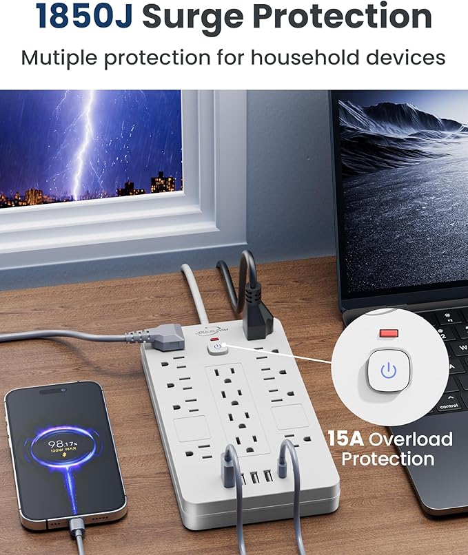Surge Protector Power Strip-14 Outlets and 6 USB Ports, 10 Feet Flat Plug - Image 6