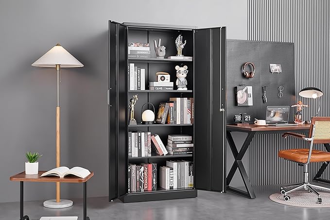 Garage Storage Cabinet with 2 Lockable Doors, Adjustable Shelves Metal Storage - Image 9